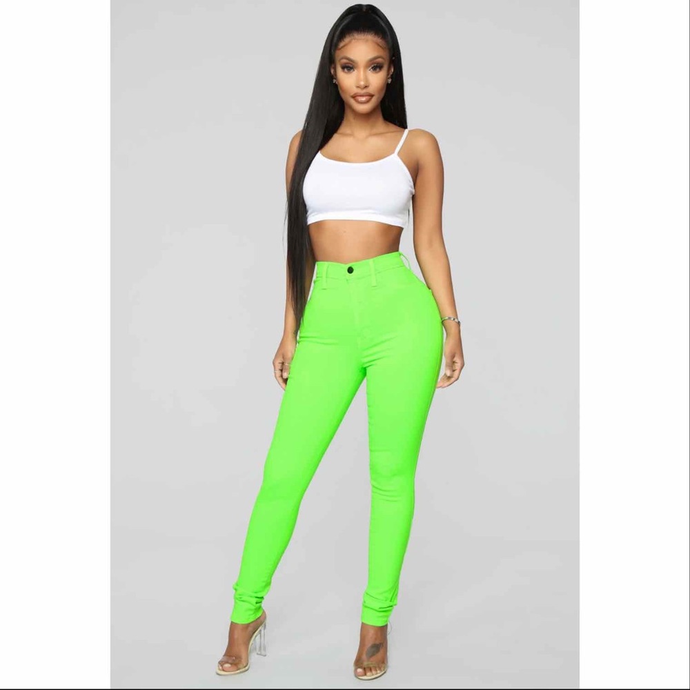 Fashion Nova Classic Neon Green High Waist Jean